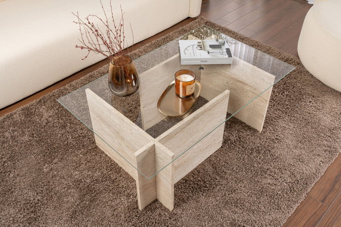 Hanah Home Mesa de Centro Vetrino Mármol Travertino Cristal Templado Melamina 105x40x65 cm